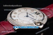 Cartier Ballon Bleu De Large Miyota Quartz Steel Case with Diamonds Bezel White MOP Dial and Burgundy Leather Strap