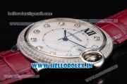 Cartier Ballon Bleu De Large Miyota Quartz Steel Case with Diamonds Bezel White MOP Dial and Burgundy Leather Strap