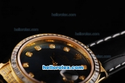 Rolex Datejust Swiss ETA 2836 Automatic Movement Black Dial with Diamond Bezel-Black Leather Strap