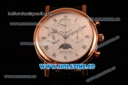Breguet Grande Complication Moon Phase Chrono Venus 7750 Manual Winding Rose Gold Case with White Dial Black Leather Strap and Roman Numeral Markers (GF)