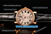 Cartier Rotonde De Miyota Quartz Rose Gold Case with White Dial and Black Leather Strap - Roman Numeral Markers