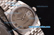 Rolex Datejust Swiss ETA 2836 Automatic Steel Case with Roman Numeral Markers Gray Dial and Stainless Steel Strap