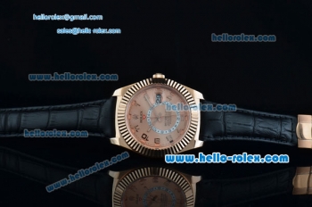 Rolex Sky-Dweller Asia 2813 Automatic Rose Gold Case with Black Leather Strap and Pink Dial Numberal Markers