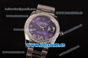 Rolex Datejust Asia 2813 Automatic Steel Case with Purple Dial Diamonds Bezel and Roman Numeral Markers (BP)