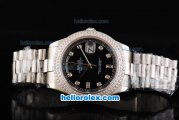 Rolex Day Date II Automatic Movement Full Steel with Double Row Diamond Bezel with Diamond Markers and Black Dial