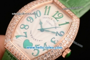 Franck Muller Heart Swiss Quartz Rose Gold Case with Green Leather Strap Diamond Bezel and White Dial - ETA Coating