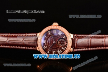 Cartier Ballon Bleu De Small Swiss Quartz Rose Gold Case with Diamonds Bezel Brown Dial and Brown Leather Strap - White Markers