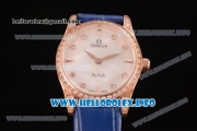 Omega De Ville Prestige Miyota Quartz Rose Gold Case with White MOP Dial Diamonds Bezel and Blue Leather Strap