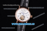 Patek Philippe Grand Complication Swiss Tourbillon Automatic Rose Gold Case with White Dial Black Leather Strap and Roman Numeral Markers