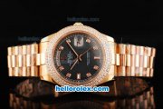 Rolex Day Date II Automatic Movement Full Rose Gold with Double Row Diamond Bezel-Diamond Markers and Black MOP Dial
