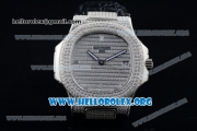 Patek Philippe Nautilus Miyota 9015 Automatic Steel Case with Diamond Dial and Black Leather Strap