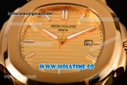 Patek Philippe Nautilus Asia Automatic Yellow Gold Case with Gold Dial Black Leather Strap and Stick Markers