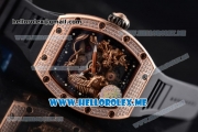 Richard Mille RM 51-01 Tourbillon Tiger and Dragon Asia Manual Winding Rose Gold Case with Seleton Dial and Black Rubber Strap Diamonds Bezel
