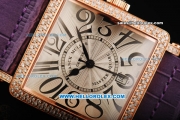 Franck Muller Master Square Swiss ETA 2824 Automatic Movement Rose Gold Case with Diamond Bezel and Purple Leather Strap