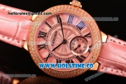 Cartier Ballon Bleu De Small Swiss Quartz Rose Gold Case with Diamonds Bezel Pink Dial and Pink Leather Strap - Black Markers