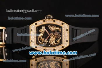 Richard Mille Tourbillon RM 057 Dragon Swiss ETA 2824 Automatic Yellow Gold&Diamonds Case with Black Rubber Strap and Gold Dragon Dial - 1:1 Original