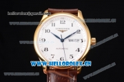 Longines Master Day Date Swiss ETA 2824 Automatic Yellow Gold Case with White Dial Arabic Numeral Markers and Brown Leather Strap