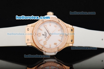 Hublot Big Bang Swiss Quartz Movement White Dial with Diamond Bezel and Rose Gold Stick Markers/Arabic Numerals-Lady Model