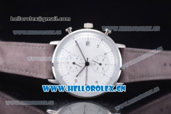 Junghans Max Bill Chronoscope Miyota OS10 Quartz PVD Case White Dial Grey Leather Strap and Stick Markers