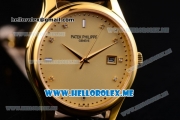 Patek Philippe Calatrava Miyota Quartz Yellow Gold Case with Yellow Gold Dial and Black Leather Strap Diamonds Markers