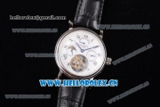 Patek Philippe Grand Complication Swiss Tourbillon Automatic Steel Case with White Dial Black Leather Strap and Roman Numeral Markers