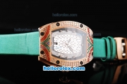 Richard Mille RM007 Rose Gold Case with Black/Diamond Dial-Diamond Hour Markers and Diamond Bezel-Green Leather Strap