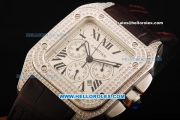 Cartier Santos 100 Chronograph Quartz Movement Diamond Case and Bezel with Black Roman Numerals and Brown Leather Strap
