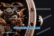 Richard Mille RM 51-01 Tourbillon Tiger and Dragon Asia Manual Winding Rose Gold Case with Seleton Dial and Black Rubber Strap Diamonds Bezel