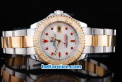 Rolex Yacht-Master Oyster Perpetual Chronograph Automatic Two Tone with White Dial,Gold Bezel and Red Diamond Marking-Small Calendar