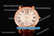 Cartier Rotonde De Miyota Quartz Rose Gold Case with White Dial Diamonds Bezel and Roman Numeral Markers