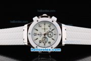 Hublot Big Bang Chronograph Quartz Movement White Bezel with White Dial and Silver Markers-White Rubber Strap