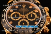 Rolex Daytona Chrono Swiss Valjoux 7750 Automatic Yellow Gold Case with Diamonds Markers Black Dial and Black Leather Strap - Ceramic Bezel (BP)