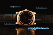 Rolex Cellini Swiss Quartz Rose Gold Case with Black Dial and Black Leather Strap-Numeral Markers