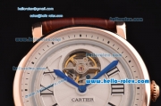 Cartier Rotonde De Tourbillon Asia 6497 Manual Winding Rose Gold Case with White Dial and Brown Leather Strap