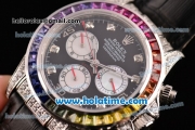 Rolex Daytona Rainbow Asia 3836 Automatic Steel/Diamond Case with Black Leather Strap Colorful Diamond Bezel and Black Dial (BP)