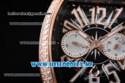 Franck Muller Vanguard Miyota OS20 Quartz Rose Gold Case with Black Dial Black Leather Strap and White Subdials Diamonds Bezel