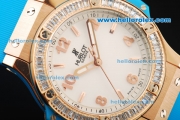 Hublot Big Bang Swiss Quartz Movement Rose Gold Case with Diamond Bezel and Blue Rubber Strap