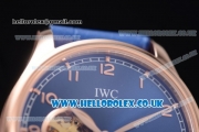 IWC Portugueser Tourbillon Hand-Wound Asia 2813 Automatic Rose Gold Case with Blue Dial Blue Leather Strap and Arabic Numeral Markers