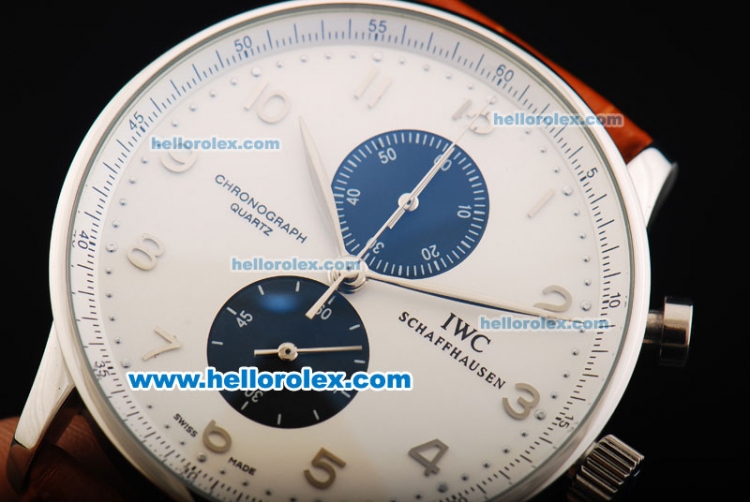 IWC Portuguese Chronograph Quartz Movement White Dial with Steel Arabic Numerals and Brown Leather Strap - Click Image to Close