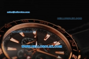 Omega Seamaster GMT Chronograph Miyota Quartz Movement Rose Gold Case with Black Bezel and Black Leather Strap