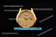 Patek Philippe Calatrava Miyota Quartz Yellow Gold Case with Yellow Gold Dial and Black Leather Strap Diamonds Markers