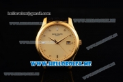 Patek Philippe Calatrava Miyota Quartz Yellow Gold Case with Yellow Gold Dial and Black Leather Strap Diamonds Markers