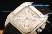 Cartier Santos 100 Chronograph Swiss ETA 7750 Automatic Movement Steel Case with White Dial and Black Leather Strap