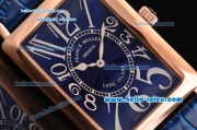 Franck Muller Long Island Swiss Quartz Rose Gold Case Rose Gold Bezel with Blue Leather Strap and Blue Dial