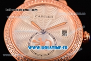 Cartier Rotonde De Swiss Quartz Rose Gold Case with White Guilloche Dial Diamonds Bezel and Blue Leather Strap