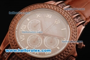 Rolex Daytona Chronograph Miyota Quartz Movement Double Row Diamond Bezel with Brown Dial and Roman Numerals- Brown Leather Strap