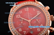 Omega Speedmaster Chrono Swiss Quartz Rose Gold Case Diamond Bezel with Red Leather Strap and Red Dial Numeral Markers