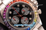Rolex Daytona Chronograph Miyota OS20 Quartz Steel Case/Strap with Colorful Diamond Bezel and Black Dial