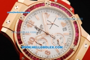 Hublot Big Bang Chronograph Swiss Quartz Movement White Dial with Diamond Bezel and Red Rubber Strap-Lady Model