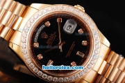 Rolex Day Date II Automatic Movement Full Rose Gold with Diamond Bezel-Diamond Markers and Black Dial